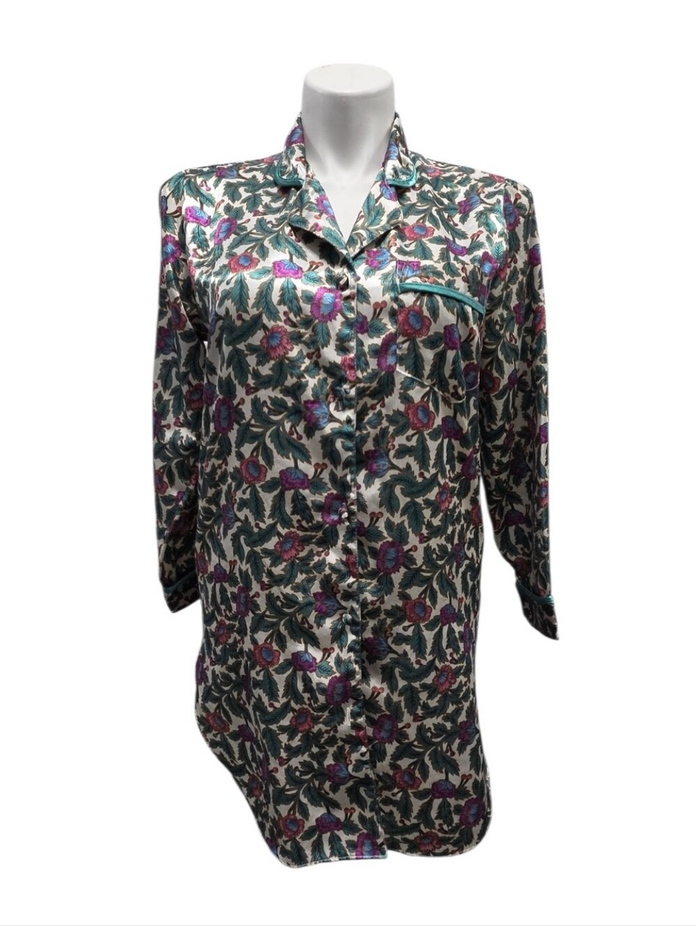 Vintage Kathryn Size Medium Floral Satin Button-Up Nightshirt